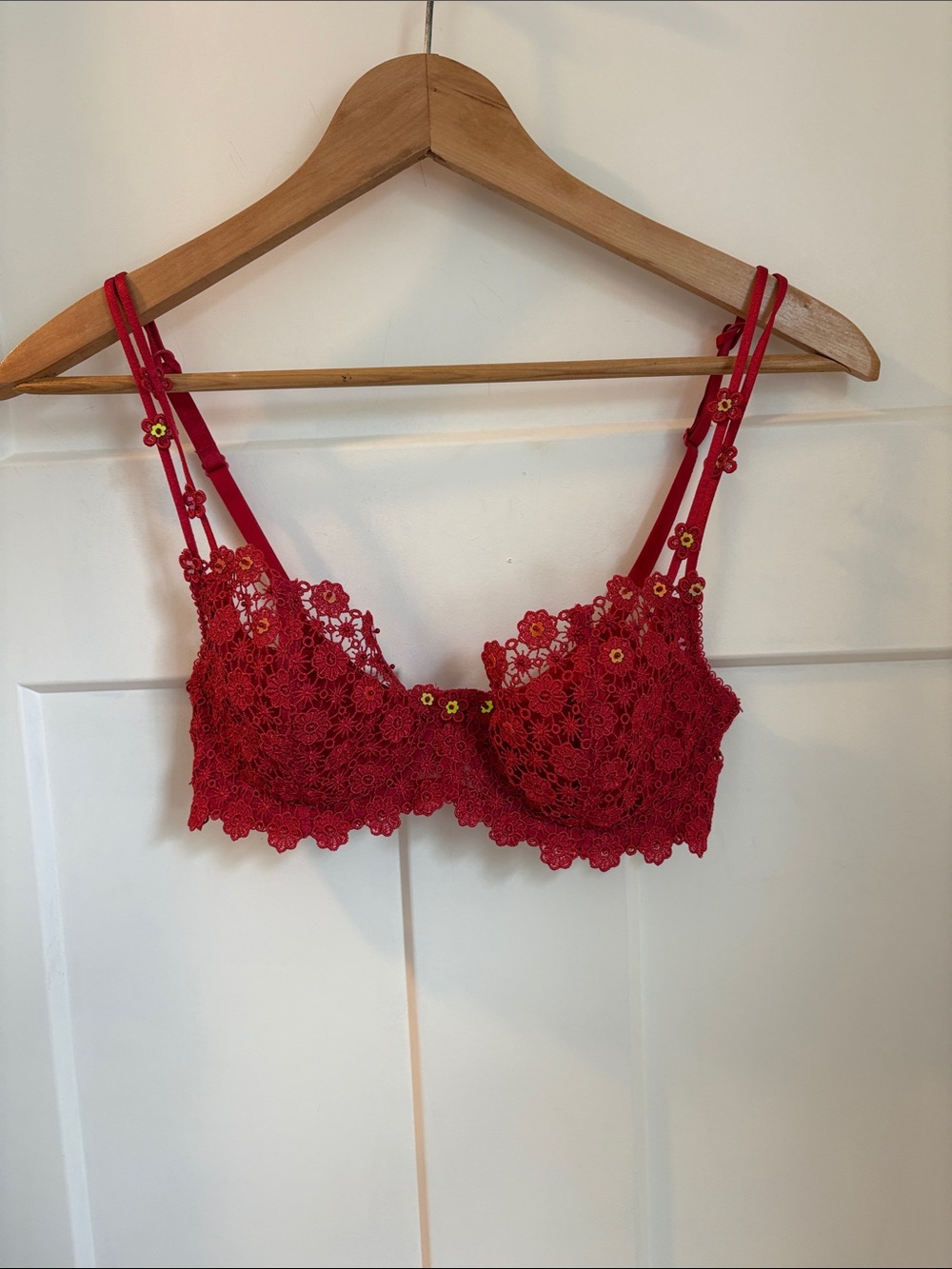 Ambrielle Red Floral Lace Balconette Bra with Flower Accents